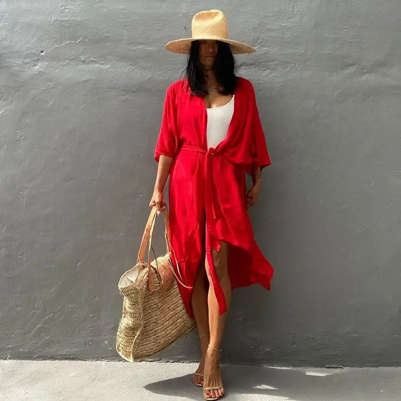 WeHello-Womens Beach Cover Up Kimono Summer Swimsuit Cape Solid Bohemian Tunic Dresses Bathing Suits Cardigan Shawl 250319