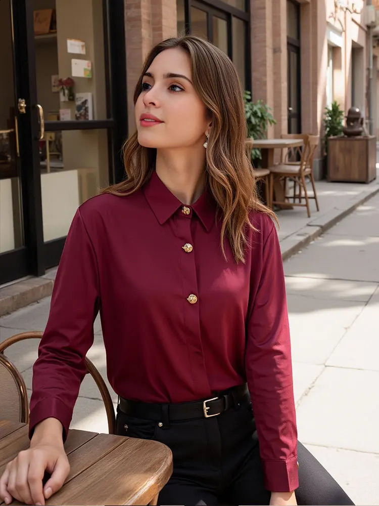 TRAFZA Womens Fashion Wine Red Shirt Retro Gold Button Long Sleeve 2025 SpringSummer Formal Office Casual Top 250319