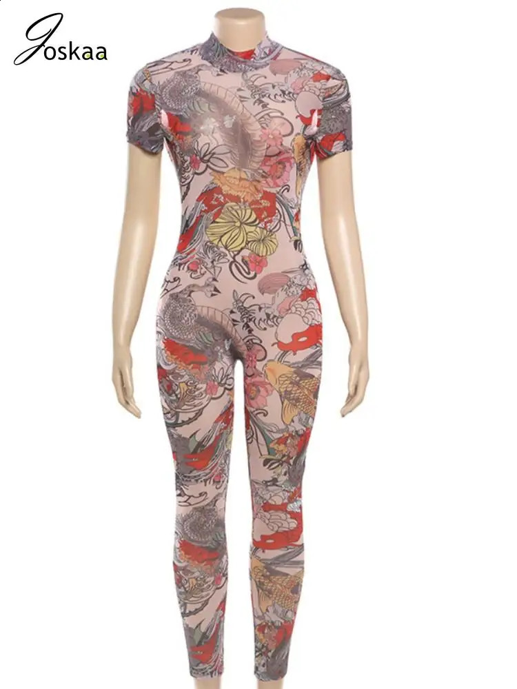 Joskaa Printed Mesh See Through Jumpsuit Women Short Sleeve Backless Skinny One Piece Rompers Summer Y2K Vintage Fitness 250319