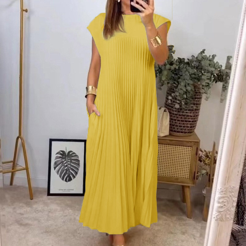 2024 new autumn women's elegant and fashionable round neck sleeveless pleated long dress