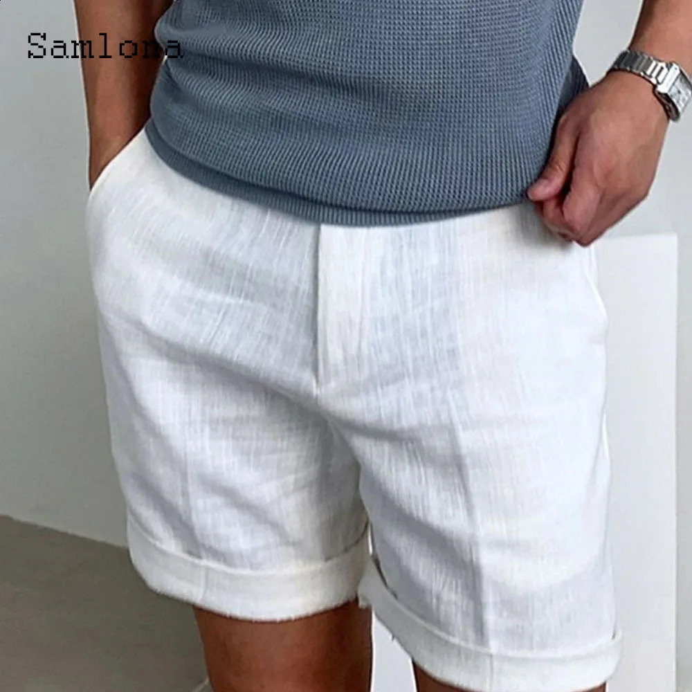 Mens Vintage Boho Cotton Linen Shorts 2024 European Style Casual Beach Short Cross-pant Solid White Khaki Drawstring pants 250317