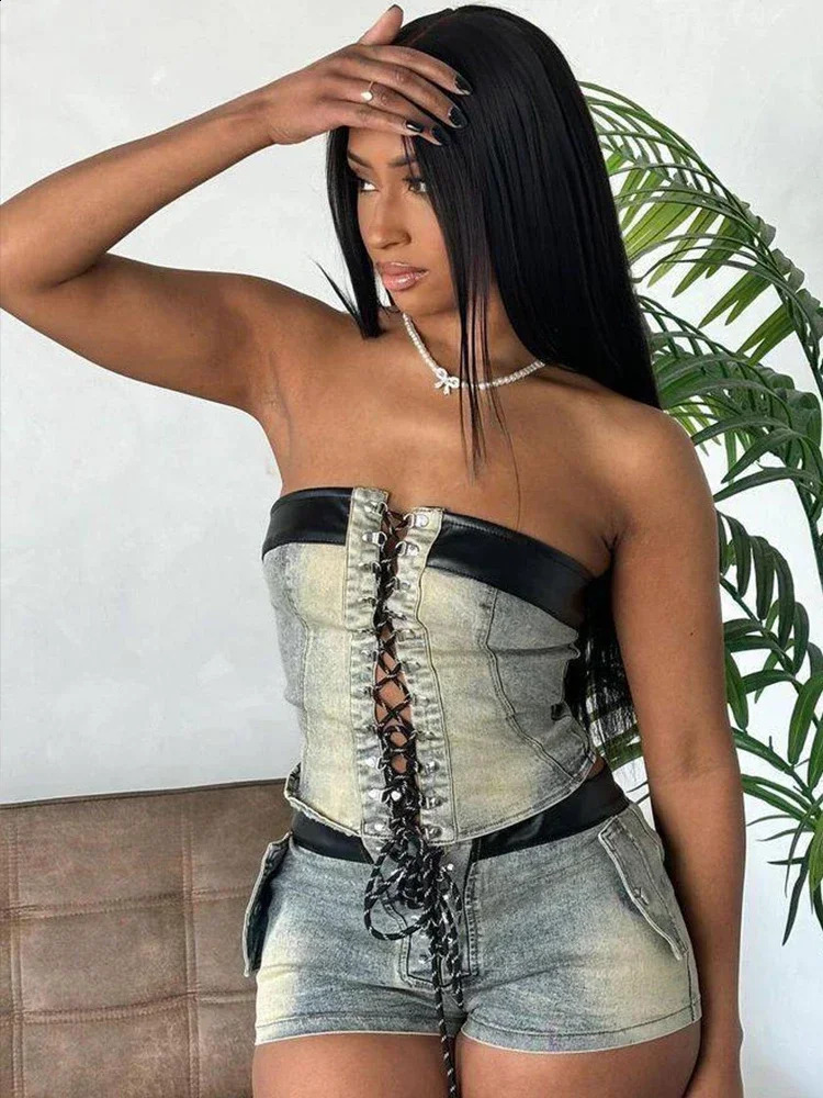 Leosoxs Denim Summer 2 Piece Set Women Leather Edging Vintage Y2K Shirring Strapless TopsShorts Hipster Summer Matching Suit 250319