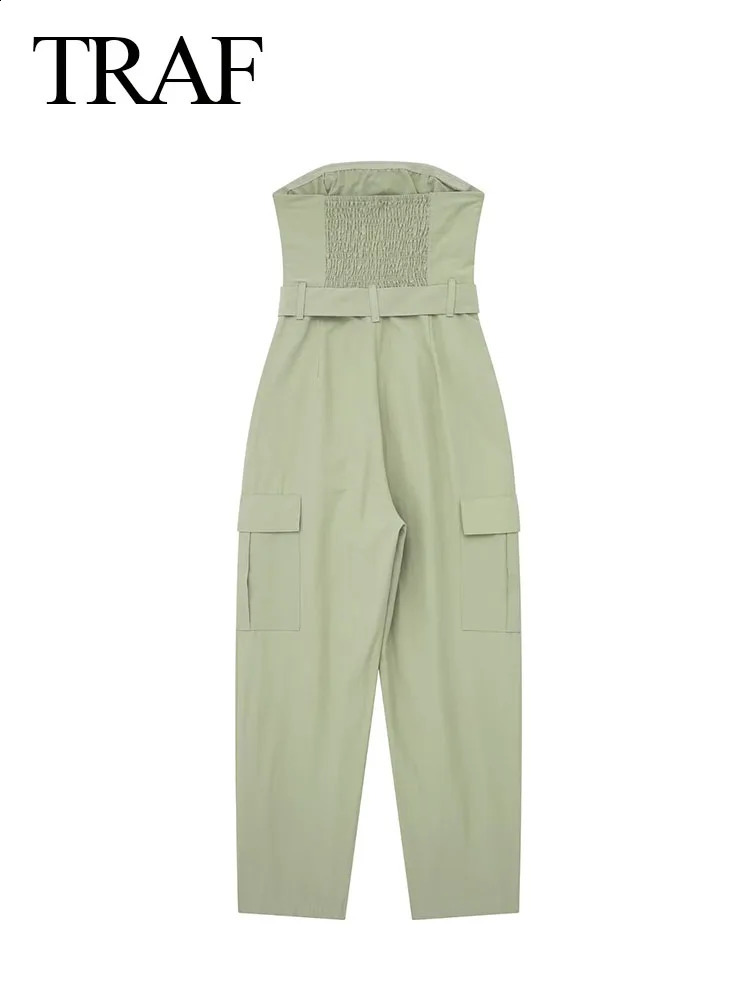 TRAFZA Spring Women Fashion Y2K Jumpsuit Solid Green With Belt Sleeveless Green Cargo Pants Loose Chic Female Clothing Street 250319