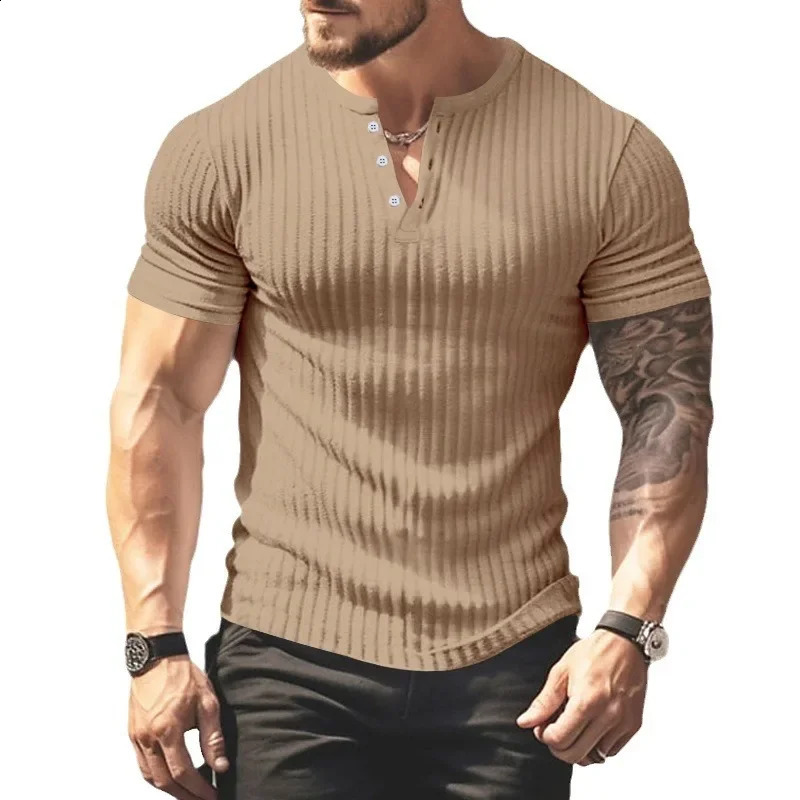 Fashion Europe and the United States solid color summer short-sleeved foreign trade Henry shirt casual knitted T-shirt 250319