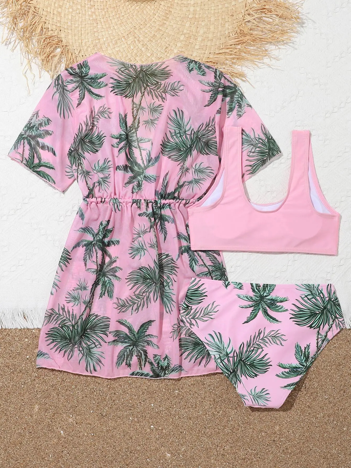 Girls 3pack Palm Tree Print Pink Bikini Kids Swimsuit Kimono 7-12 Years Three Pieces Childrens Swimwear Cover Up Bathing Suits 250319