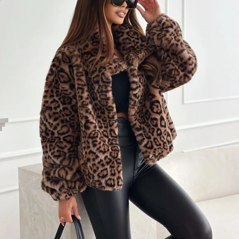 Casual loose jacket autumn and winter womens top fashion leopard print womens jacket cardigan jacket 250317