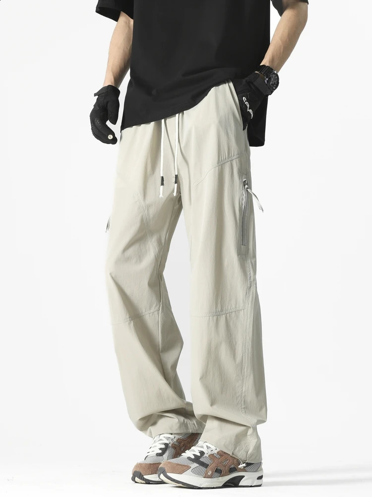 Summer mens casual pants Korean fashion outdoor zipper pocket wide leg straight three person walk loose and lightweight sports 250319
