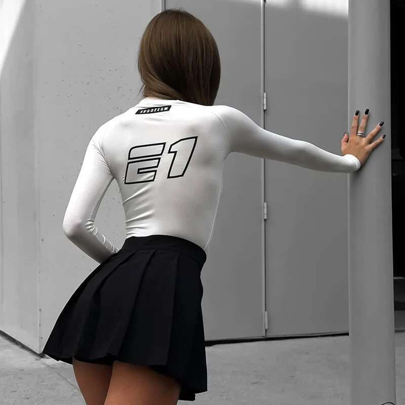 European American Spice Girls 2024 Autumn Motorcycle Wind Letter Printed Round Neck Long Sleeve Slim Women Individuality Blouse