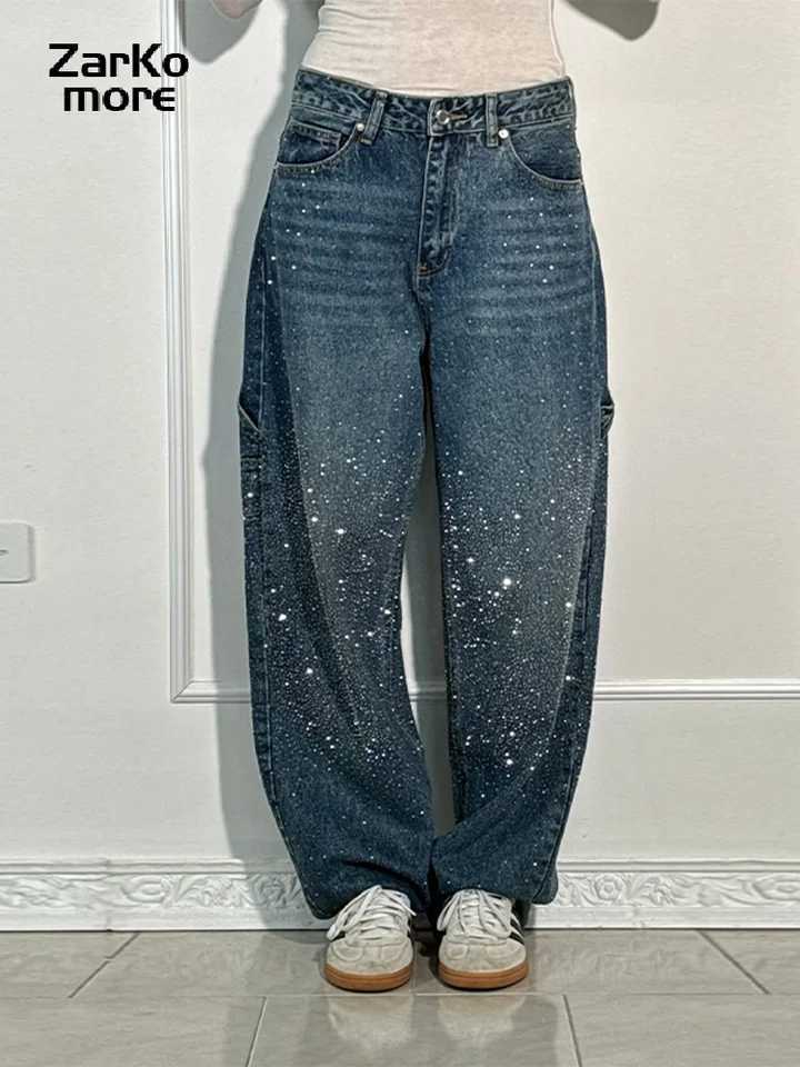 Vintage Rhinestone bagged womens jeans womens blue waist straight wide leg pocket denim jeans 2025 spring high street Y2K jacketT250319