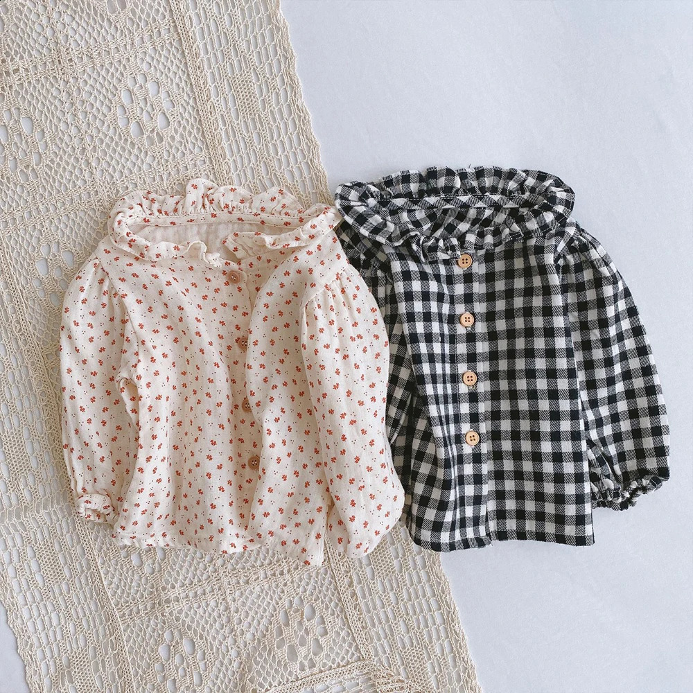 Preschool Girls Shirt 1 to 2 3 Years Cotton Retro Korean Fashion Collar Black and White Flat Top 250319