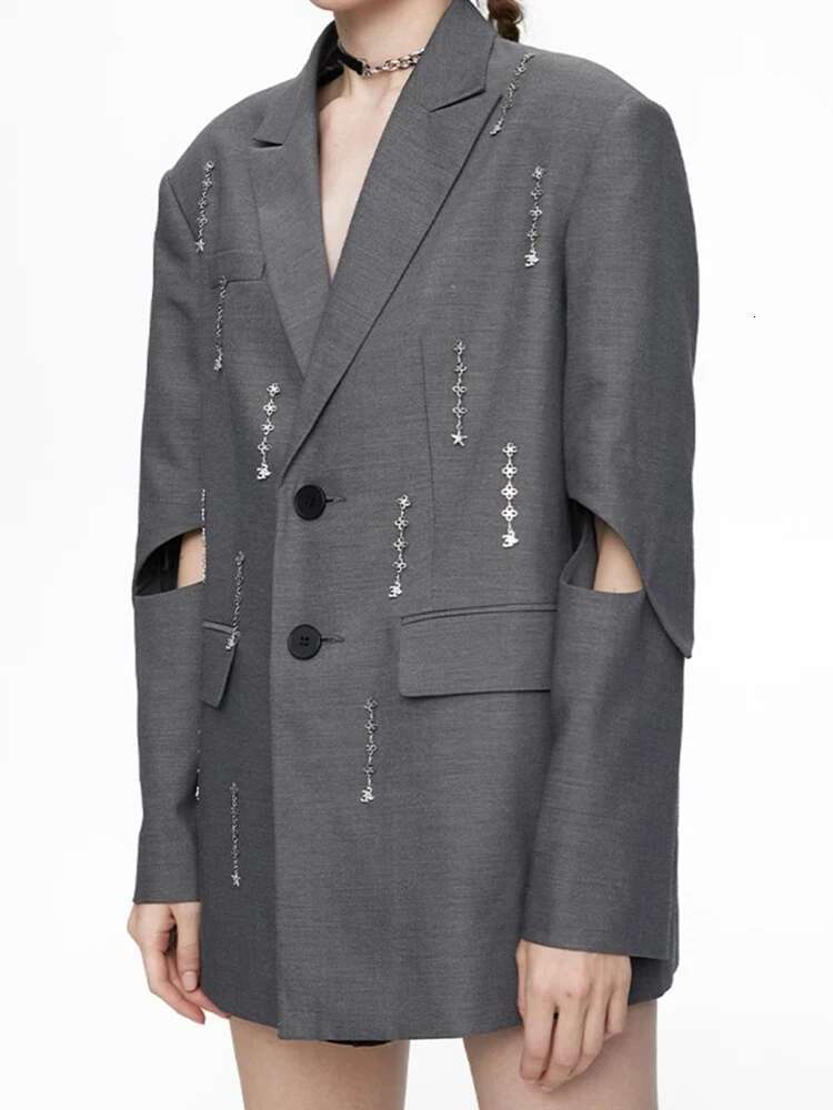 Designer Hollow Out Blazer For Women Notched Collar Dias Spliced Single Breasted Coat Fashion New 32C921