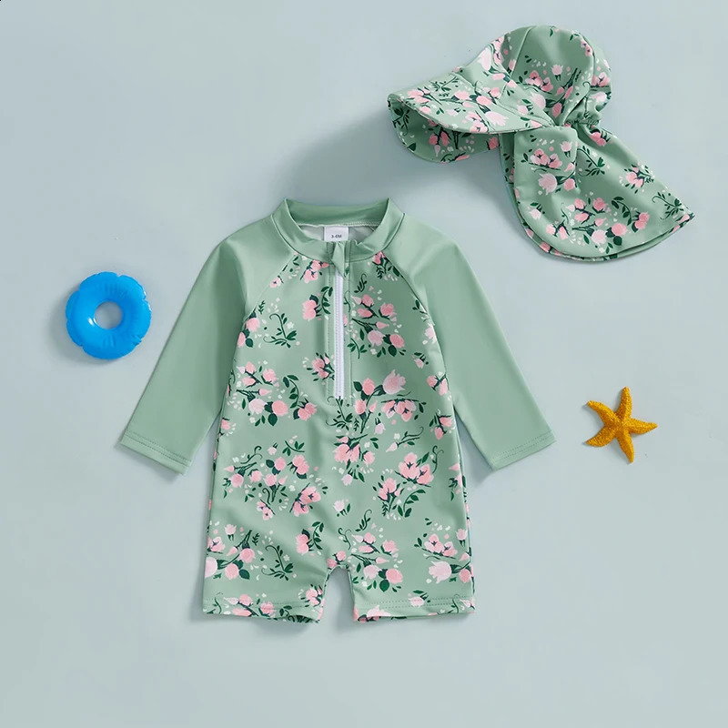 Baby Girl Swimsuit Ruffle Sleeve Floral Print Swimwear with UPF 50 Sun Protection and Matching Hat 250319