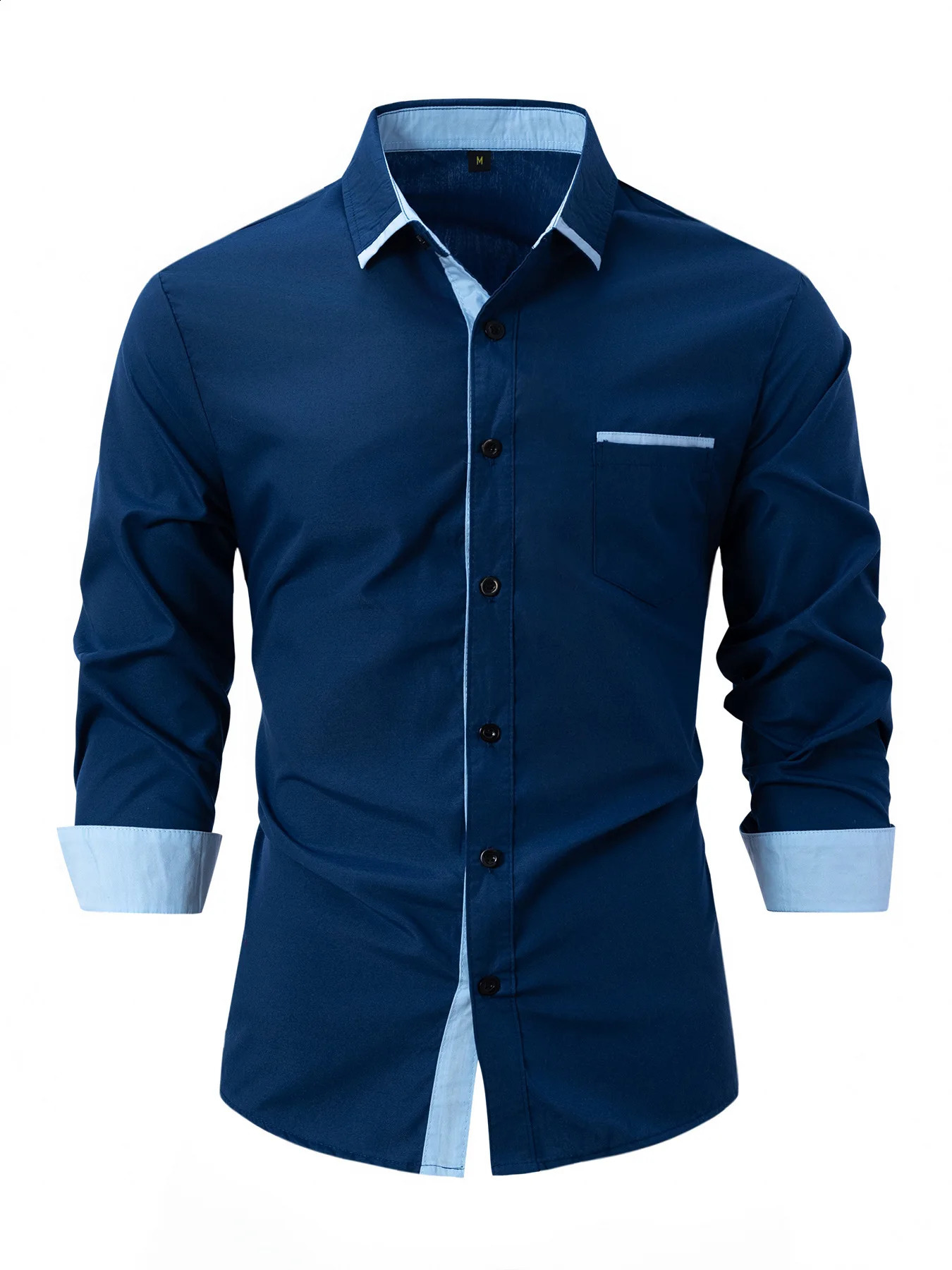Mens business casual color combination loose long sleeved pocket shirt mens autumn cotton blend 250317