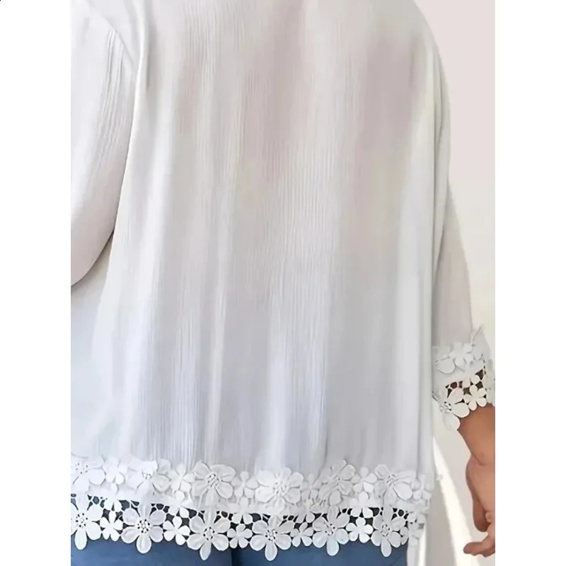 Plus Size 1XL5XL Womens Casual Solid Color Shirt Ladies Fashion Lace Trim Spring summer Blouse Top 250319