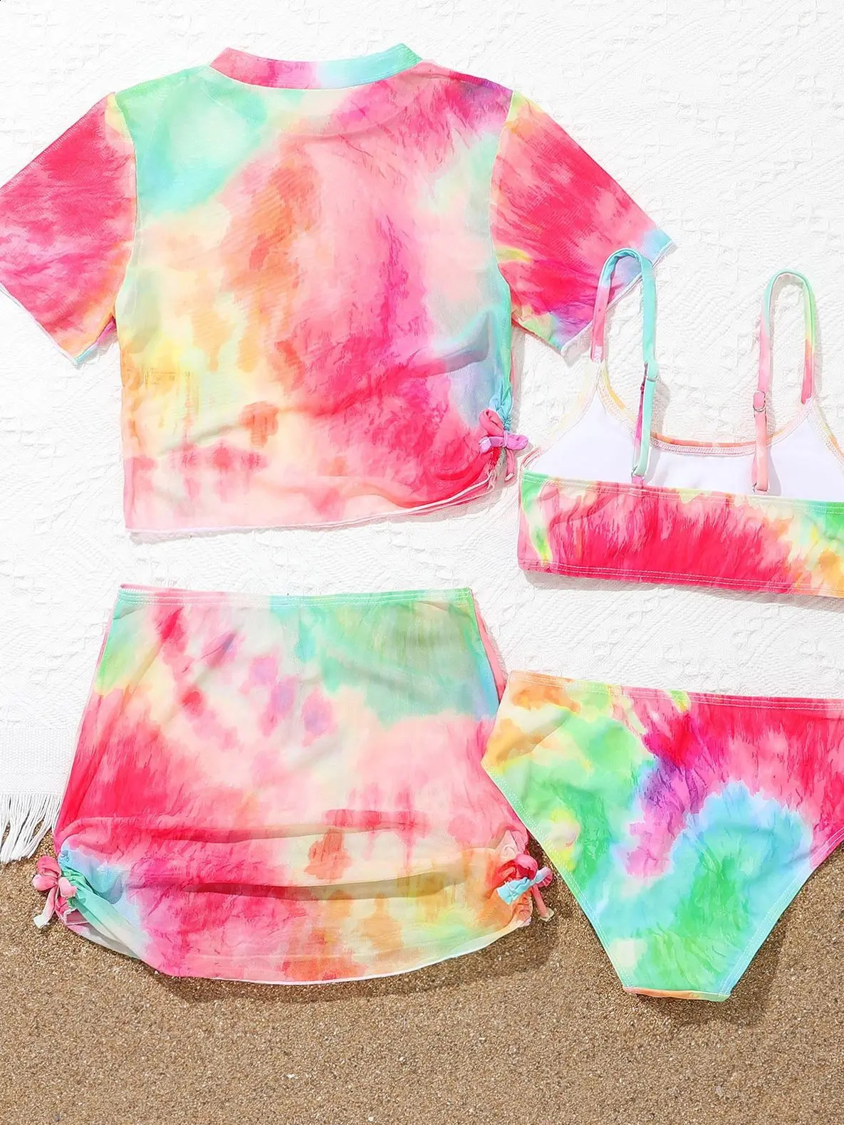 Girls 4 Pack Tie dye Print Short Sleeve Bikini with Skirt Drawstring Swimsuit 7-12 Years Childrens Swimwear Kids Bathing Suit 250319
