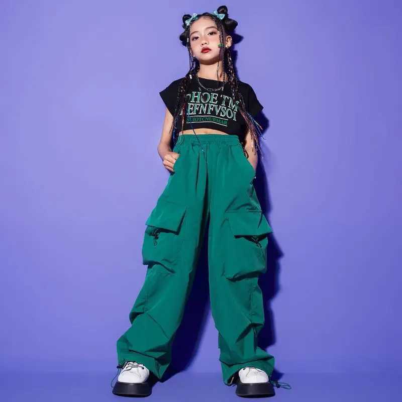 Teenage girls jogging pants loose casual fashionable childrens straight Trouser pocket design fashionable cool streetwear childrens pants 5-14YsT25031