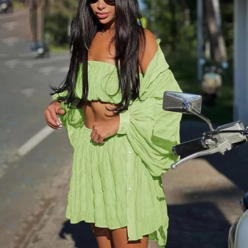 Summer Casual Loose Green 3 Piece Sets Women Outfit Fashion Long Sleeve Top Tube Top Matching High Waist Shorts Set 250319