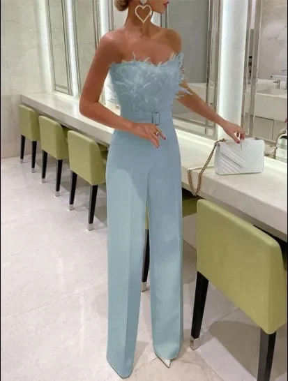 Elegant Jumpsuit Women Long One Piece Strapless White Slash Neck Feather Y2k Top Sexy Wedding Party Night Evening Rompers Summer 250319