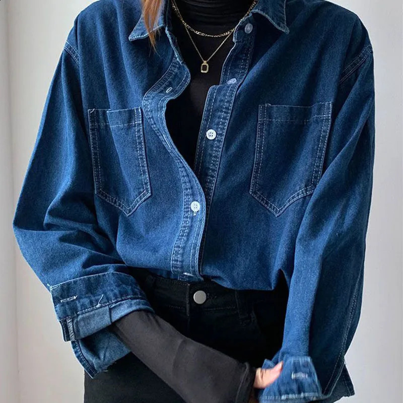 Lucy 2024 Autumn Blue Denim Jacket Womens Retro Loose Collar Shirt Fashion Button Office 250319