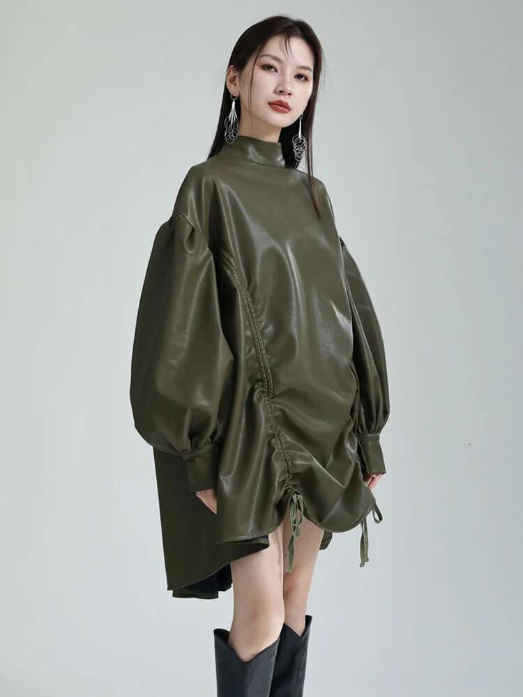 Women Green Pu Leather Drawstring Big Size T-Shirt New Turtleneck Long Sleeve Fashion Tide Spring Autumn 2025 1Dh1358