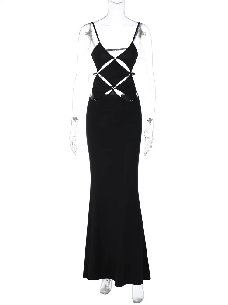 Hugcitar Spring Solid Slips V Neck Hollow Out Backless Sexy Bodycon Maxi Dress Women Fashion Outfits Birthday Vacation Y2K 250319