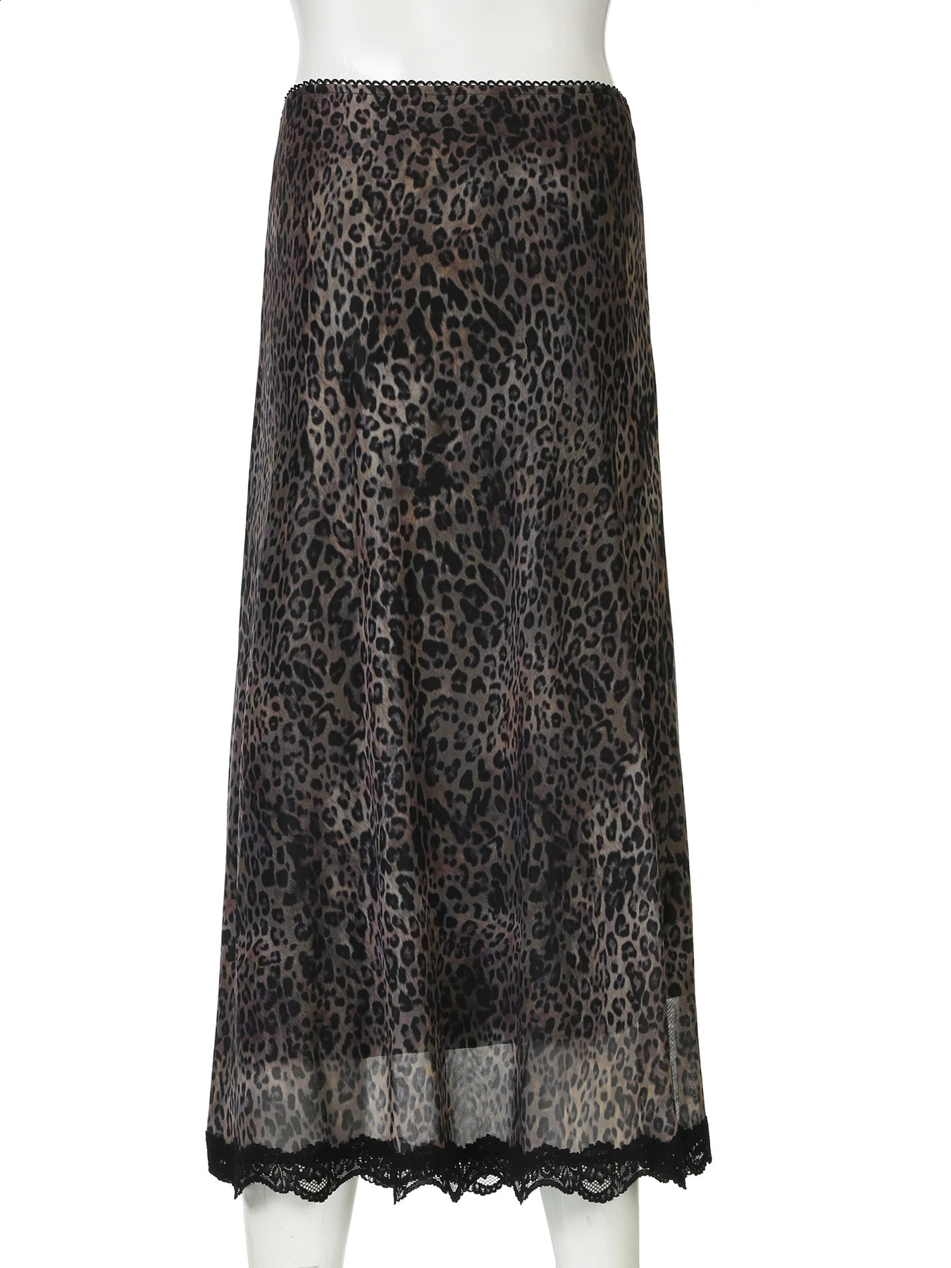 Rockmore Gothic Leopard Print Patchwork Lace Long Skirts Vintage Streetwear Y2K Straight Skirts Lady Harajuku Fashion Aesthetic 250319
