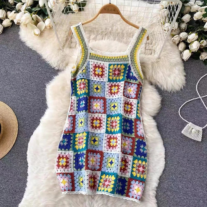 EVNISI Womens Sexy Bohemian Shoulder Camisol Dress Flower Printed Hollow Knitted Dress Casual Womens Beach Vacation Tank Top 250317