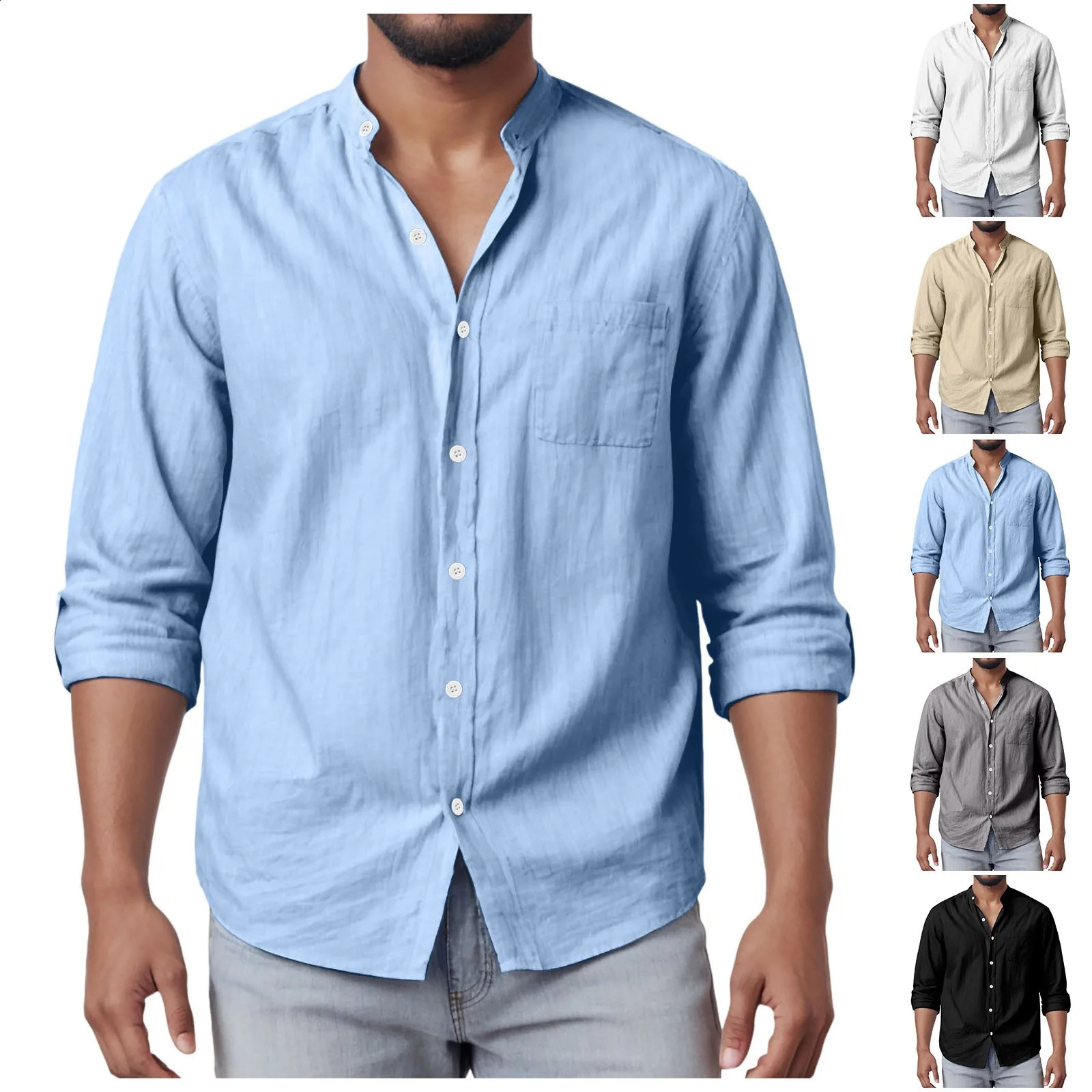 mens casual shirt cotton linen loose top long sleeved button down standing collar solid beach 250317