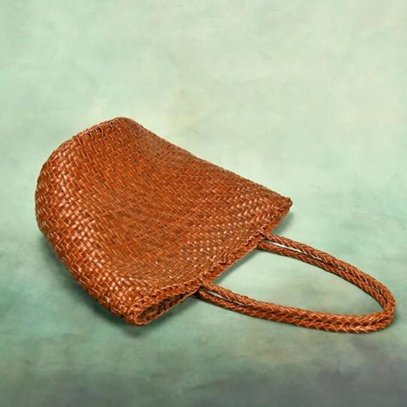 Made Braided Genuine Leather Cowhide Hand-Woven Vegetable Basket Women's Shoulder Retro Shopping Bag