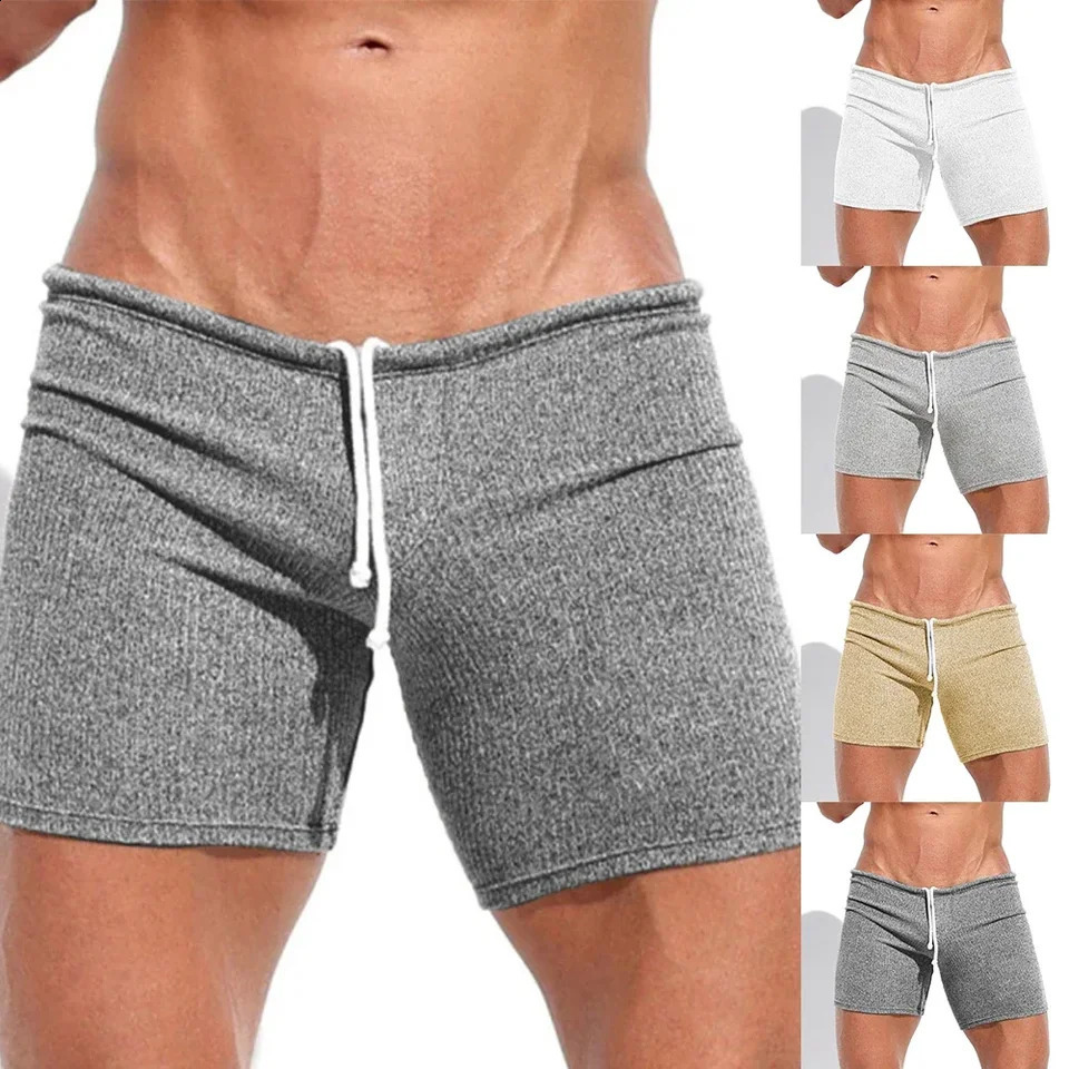 Mens Sexy Drawstring Ribbed Sleepwear Shorts Outdoor Sports Jogging Gym Sportswear Short Pants Holiday Casual Slim Male Shorts 250317