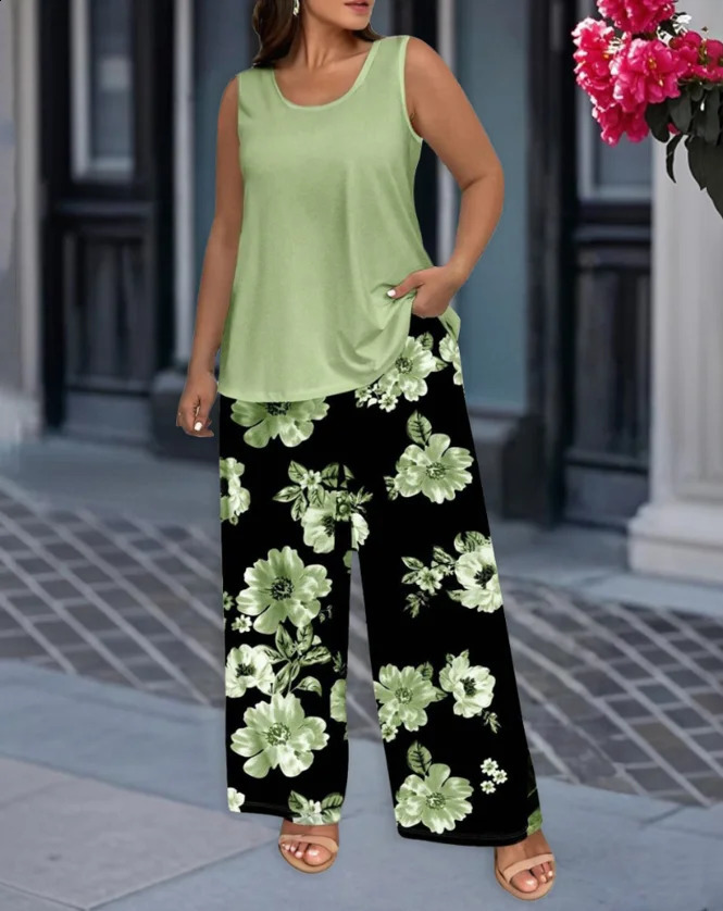 Fashion 2025 Summer 2 Pieces Sets Womens Outfit Round Neck Sleeveless Tank Top and Casual Floral Print Pants Set 250318