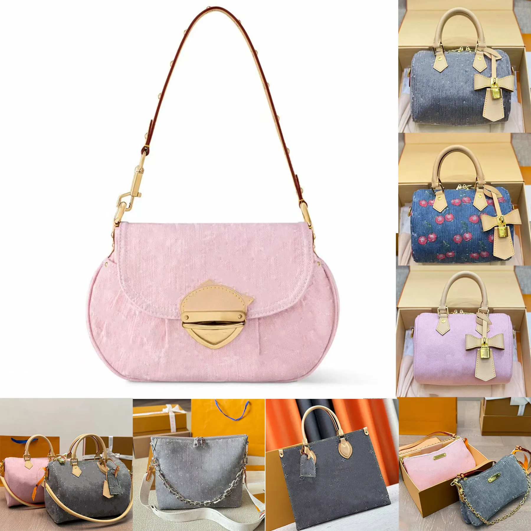 pink Denim Vintage Designer Shoulder Bag Women Tote Bags Handbag travel bag Flower Underarm Bag Print Purse03