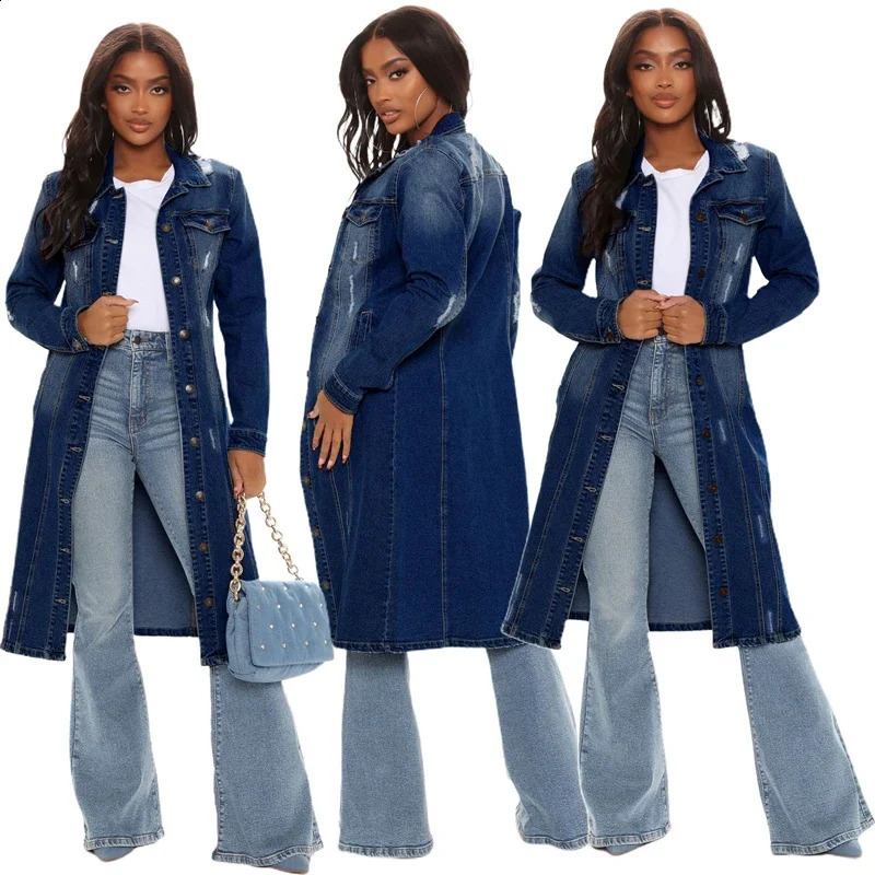 ly arrived fashion hole cotton autumn winter long denim jacket 2023 trench coat cardigan wool sweater womens sleeved jeans 250319