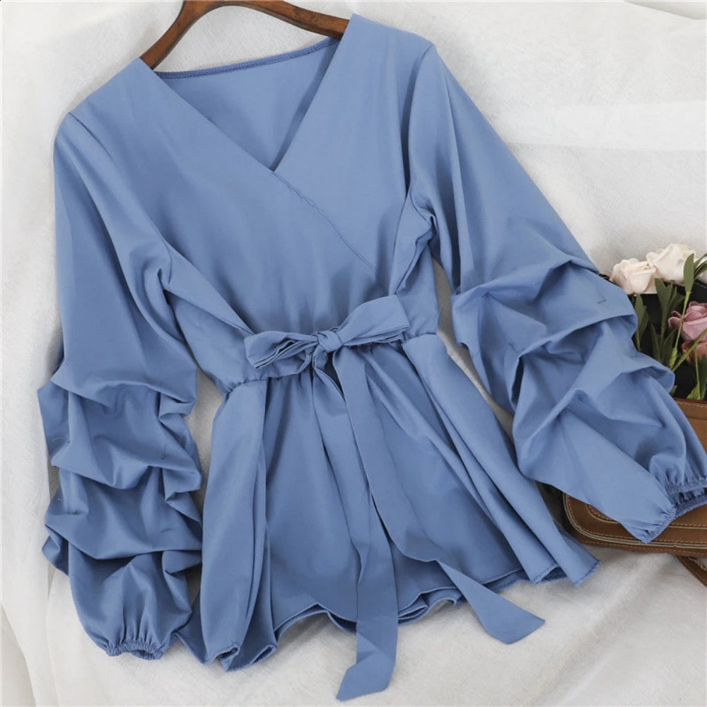 Womens Spring Lantern Sleeve Abdominal Top Warm Waist Office Exposed Collar Chiffon Shirt 250319