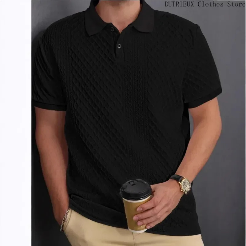 Mens jacquard lapel solid color polo shirt simple and fashionable business mens polo shirt casual office golf mens clothing 250317
