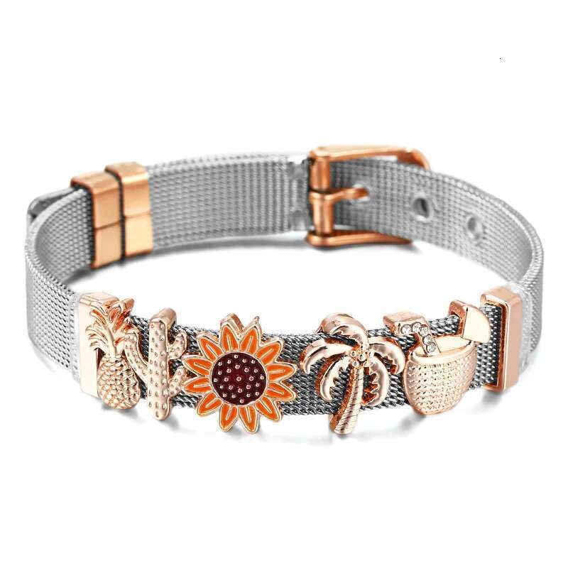 Summer Vacation Series 10mm Beads Charm Bracelets DIY Stainless Steel Mesh Bracelets Pulseras Mujer For Women Men Jewelry Gift