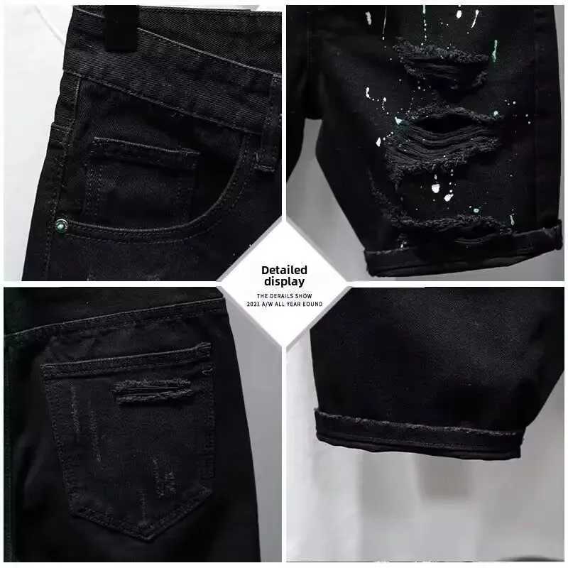 Fashion brand mens unique hip-hop black denim shorts loose fit suitable for summer style high-quality cotton pants W250319