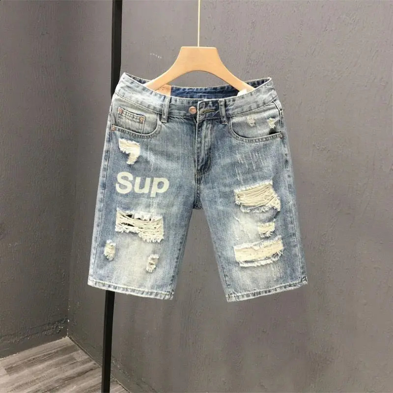 Fashion Vintage Korean Mens Summer Denim Shorts with Distressed Holes Slim Fit ner y Clothing Men 250317