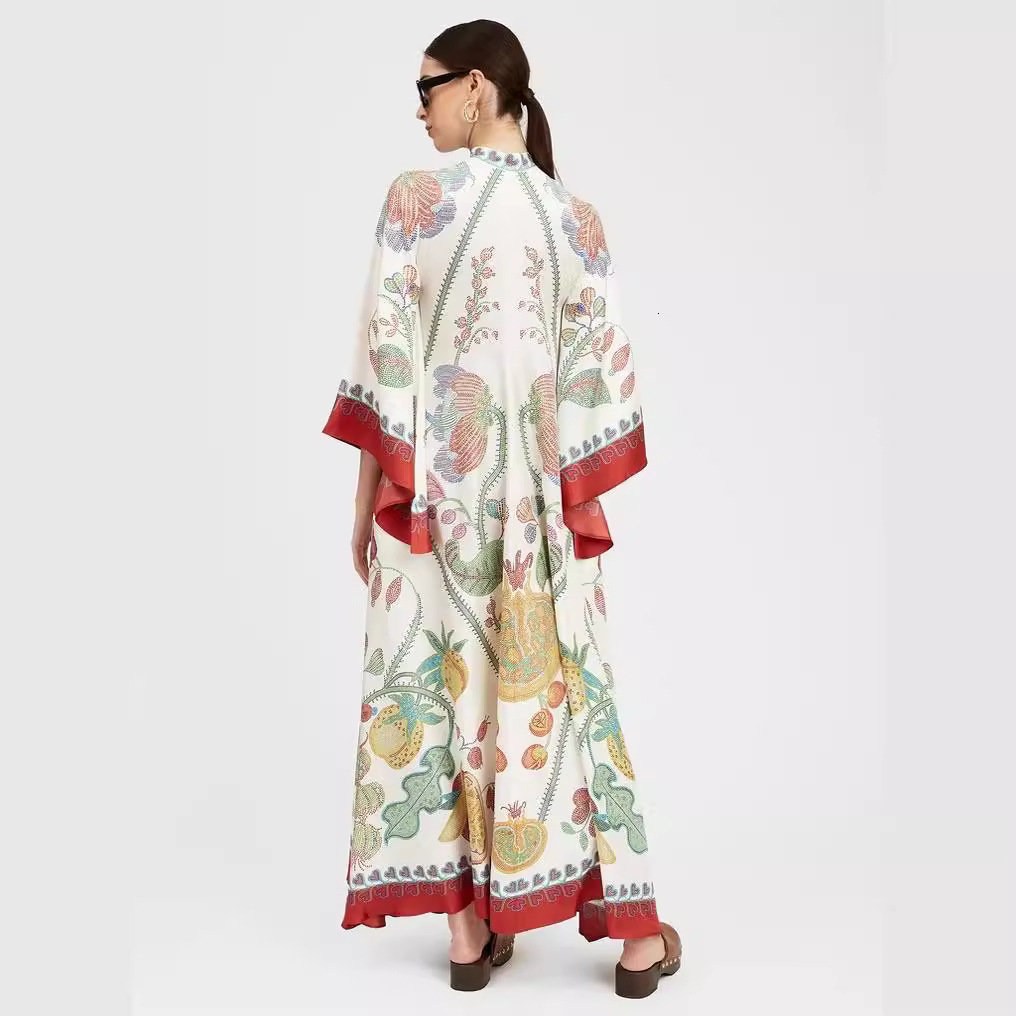 New summer printed seven quarter sleeve stand up collar dress