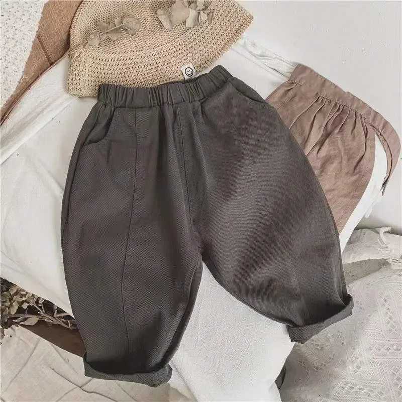 Spring 2024 Baby Retro Pocket Dungarees Loose Girls Casual Pants Solid Boys Fashion Boys ClothingT250318
