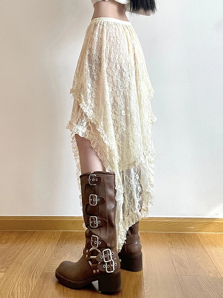 Rockmore Lace Irregular Skirt Grunge Fairycore Women Vintage Y2K Boho Aesthetic Coquette Low Waist Mid Skirts Holiday Outfits 250319