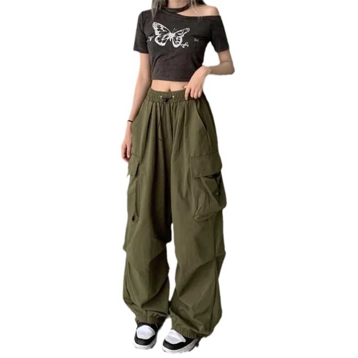 Red large pockets goods pants womens high waisted loose streetwear luggage tactical handcart fashionable hip-hop runner womens handcartT250318