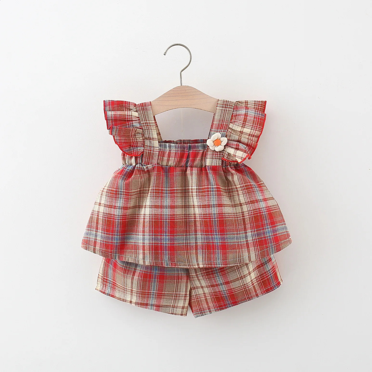 2pieceset summer baby girl twopiece set cute checkered small sleeve top Korean version beach 250319