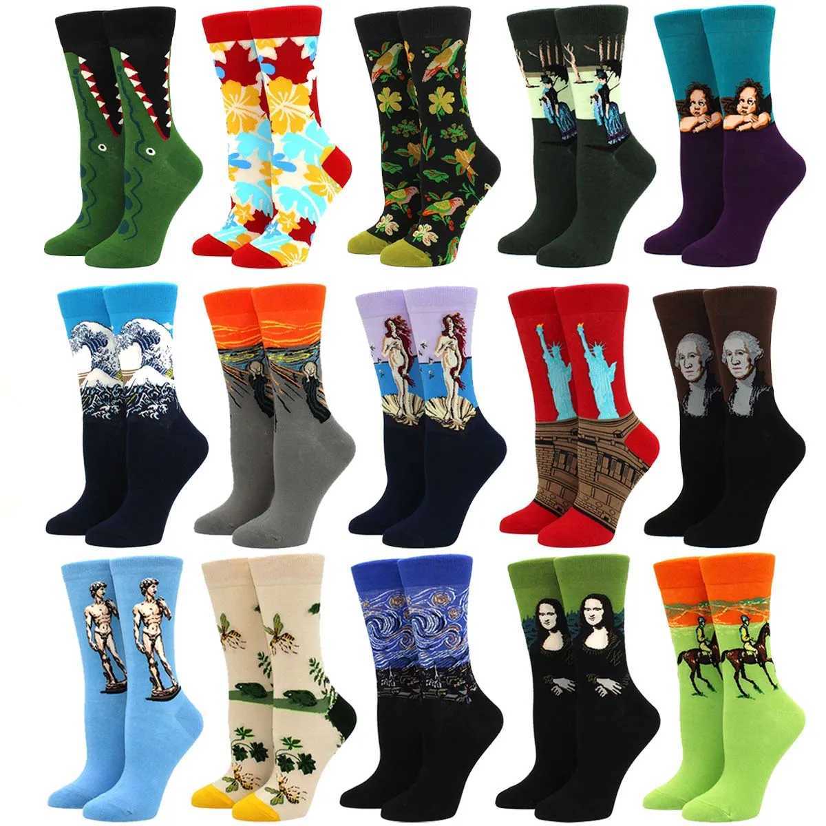 Mens hip-hop socks interesting oil paintings cute animals womens socks skateboarding harajuku mid cut socks X250319