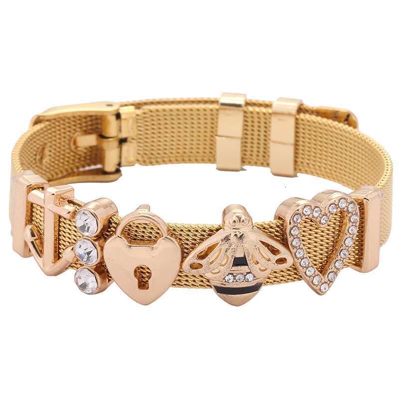 Stainless Steel Keeper Mesh Bracelets with Lovely Bee & Ladybug Crystal Slide Charms Wrap Bracelets Bangle For Women Gift