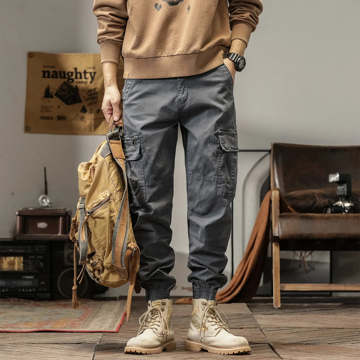 Ankle Length Mens Product Pants Cotton Stretch Casual Camouflage Collar Cuffs Jogging Multi Zipper Pocket Set Tie 250319