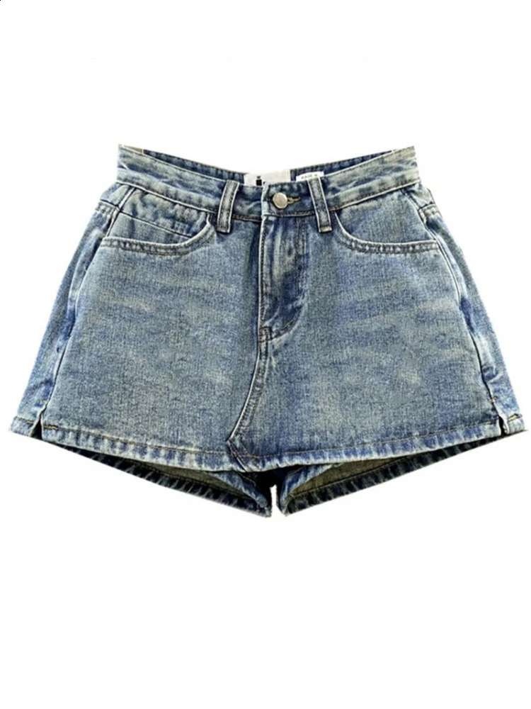 Summer high waisted retro womens denim short leather small slim fit sexy Korean fashion girl cute street A-line mini jeans pants 250317