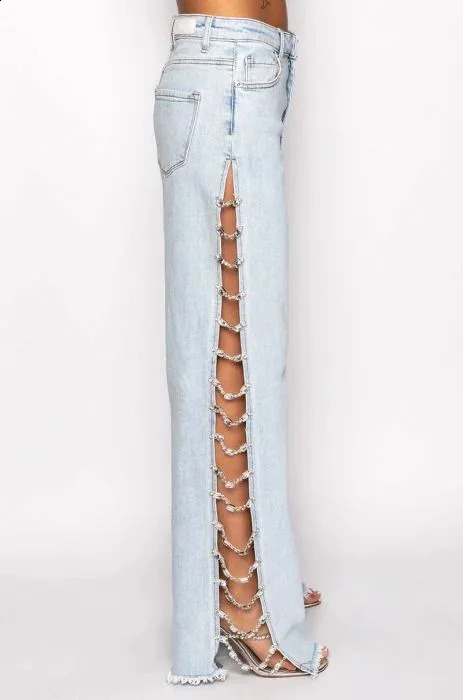 High waisted ripped womens summer thin side seam jeans denim long with diamond chain straight wide leg 250317