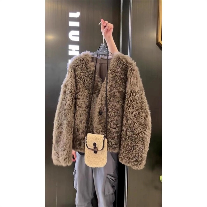 High end European style integrated lamb fur with high-end feel, super beautiful brown short coat for women in autumn and winter