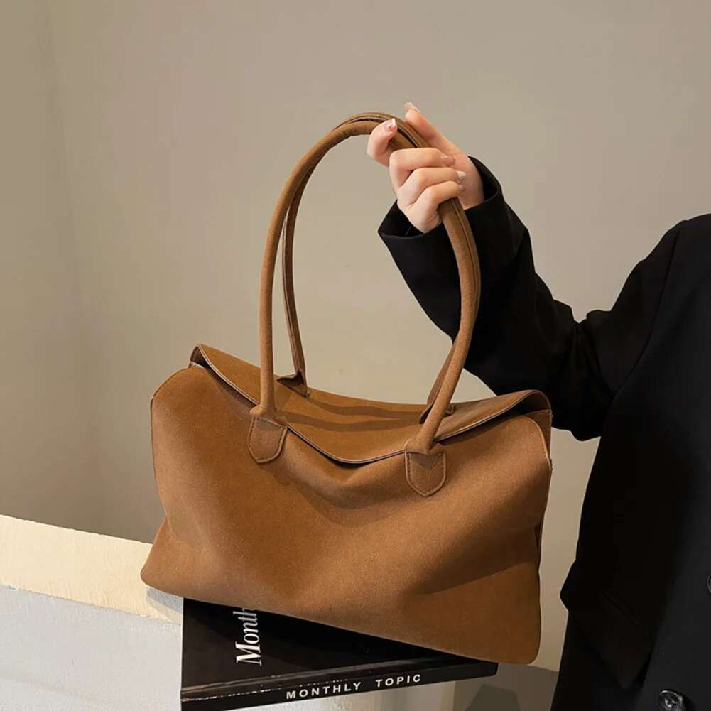 Shoulder For Women Men With Inner Pocket Retro Handbag Suede Solid Color Top Handle Trendy Satchel Work Travel Bag